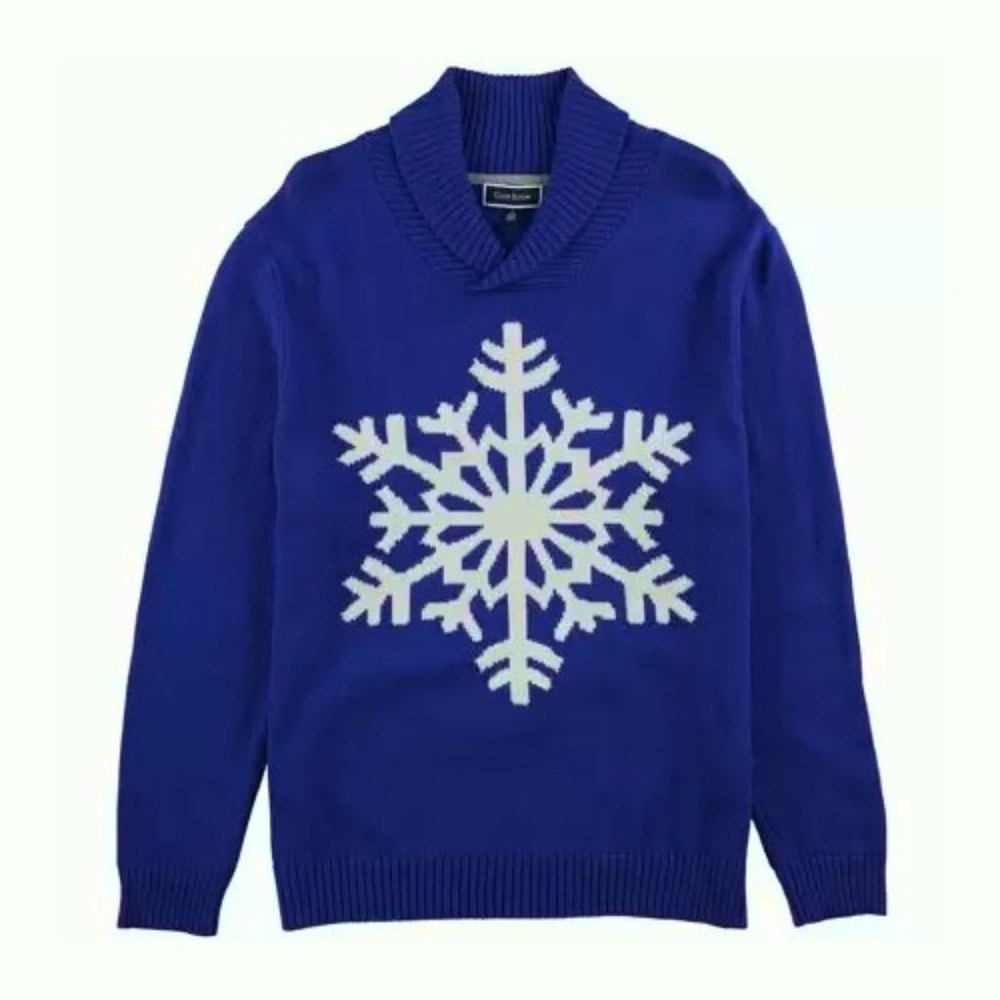 NWT Mens Size XXL Charter Club Blue White Shawl-Collar Snowflake Cotton Sweater